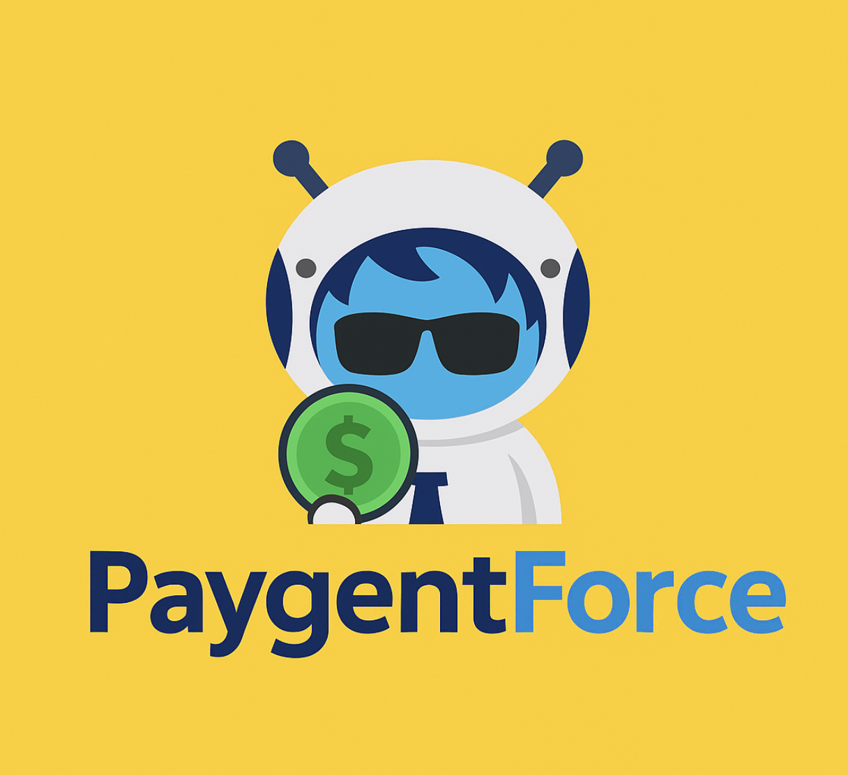 PaygentForce logo featuring a blue robot mascot